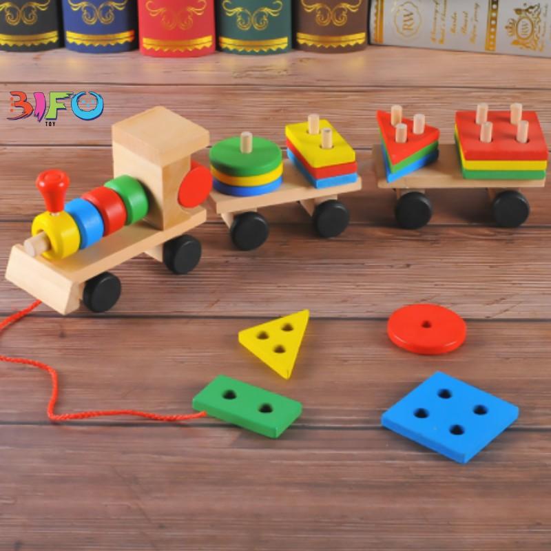 Đồ chơi thả hình khối và màu sắc tổng hợp bằng gỗ theo phương pháp montessori, xe kéo, tàu hỏa cho bé
