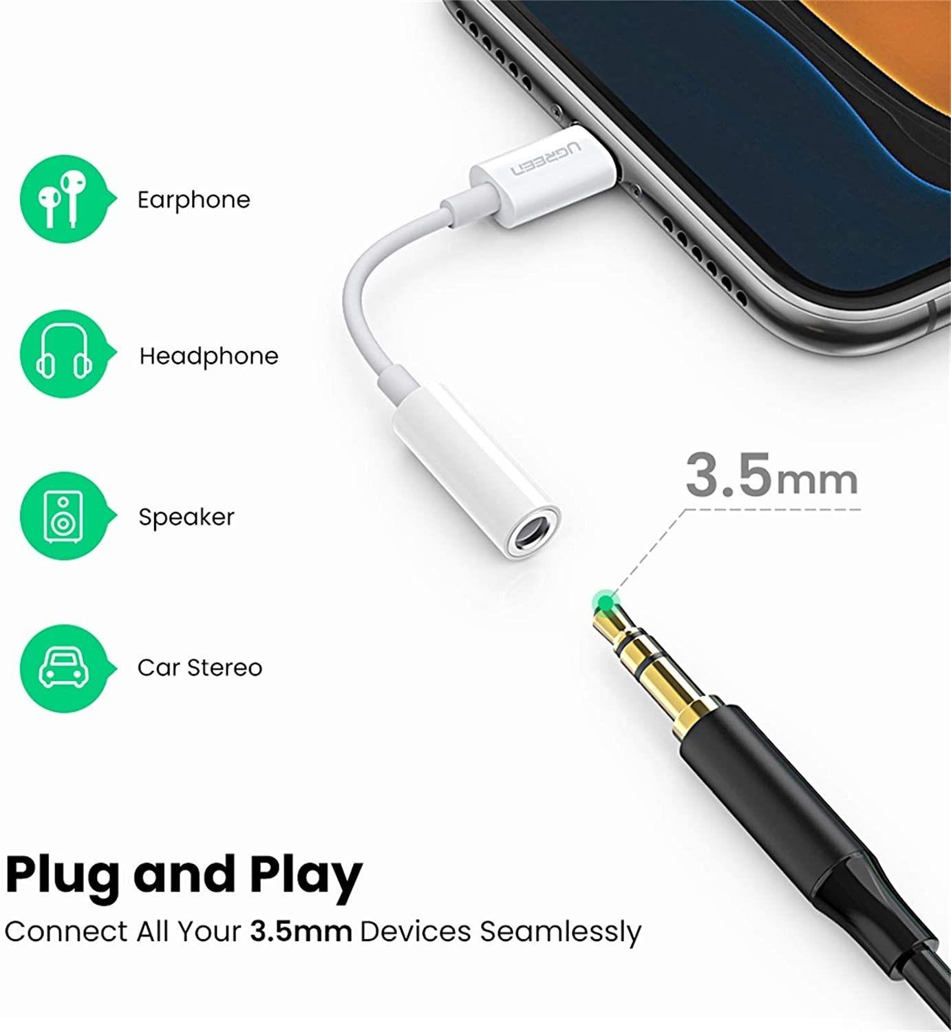 Ugreen UG30759US212TK 7cm có chipset MFI lightning sang 3.5mm màu trắng - HÀNG CHÍNH HÃNG