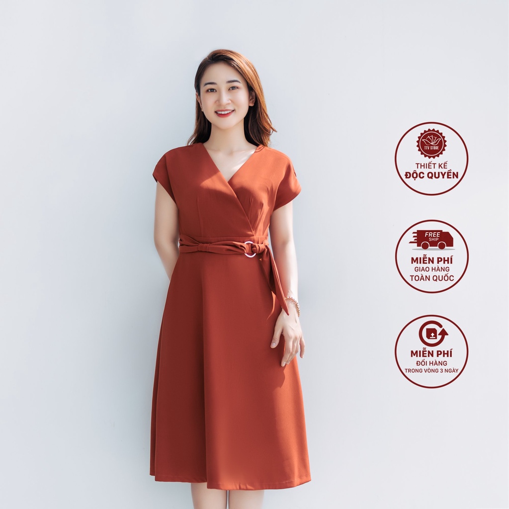 Đầm form A công sở TTV1103 TTV Store thiết kế cổ đắp chéo tay cánh dơi màu cam gạch