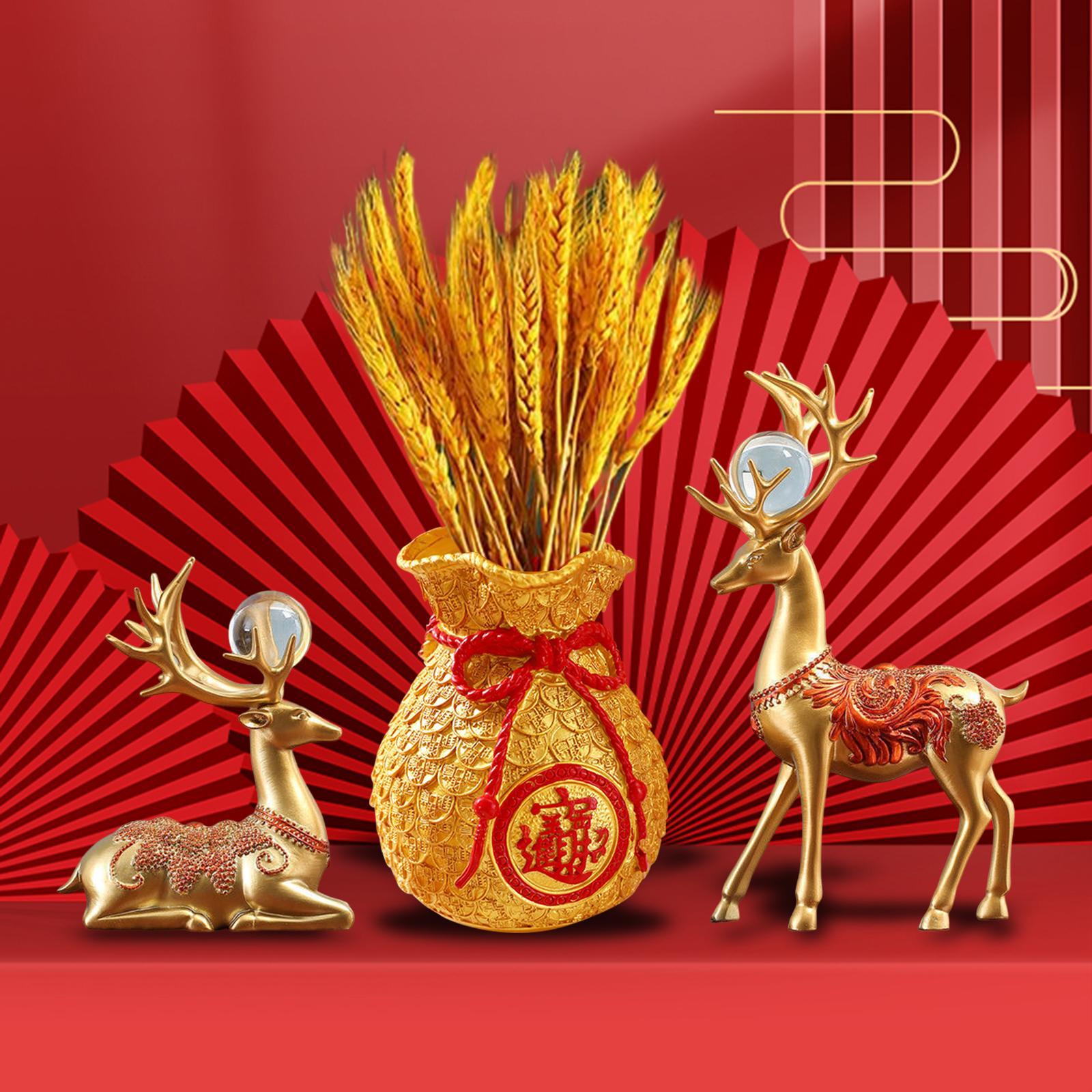 Set 3 Tượng : Túi May Mắn, 2 Tượng Nai Sừng Tấm Trang Trí Nhà Cửa Phòng Khách Năm Mới
