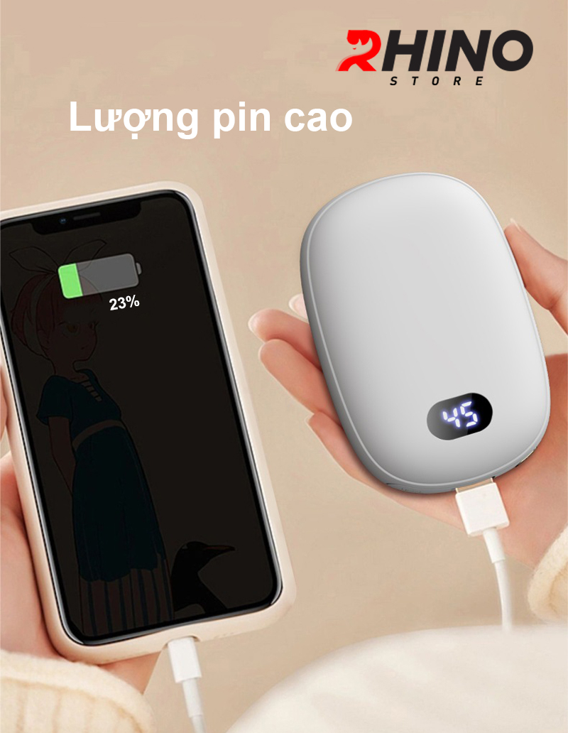 Máy sưởi ấm mini chạy pin cầm tay đèn LED Rhino W303, 3 mức độ nhiệt, Làm ấm nhanh _ Hàng chính hãng