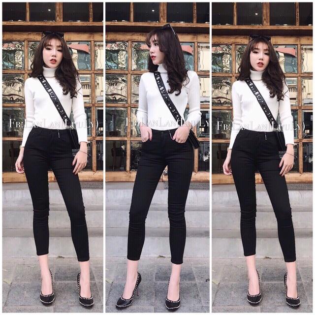 Quần jean nữ đen trơn co giãn lưng cao