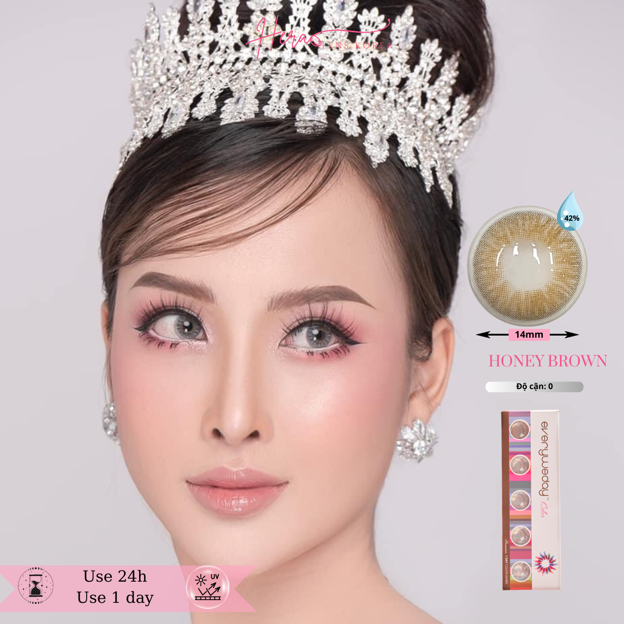 Kính Áp Tròng Hera Nâu Mật Ong Không Độ HONEY BROWN Nhập Khẩu Hàn Quốc Lens Không Cận 1 Ngày