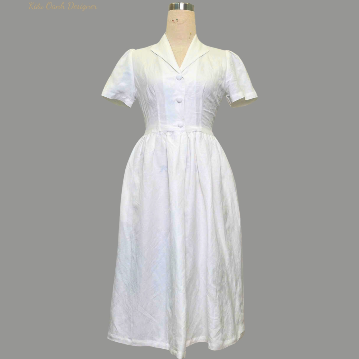 Đầm xoè linen cổ cánh én trung niên ,độ bền cao ,mát mịn,thấm hút mồ hôi,may viền tỉ mỉ,sản xuất độc quyền tại Kiều Oanh Designer