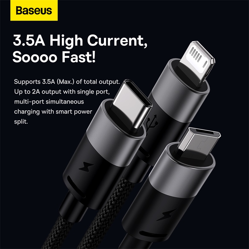 Cáp Sạc 3 Đầu Baseus StarSpeed 1-for-3 Fast Charging Data Cable USB to M+L+C 3.5A (Hàng chính hãng)