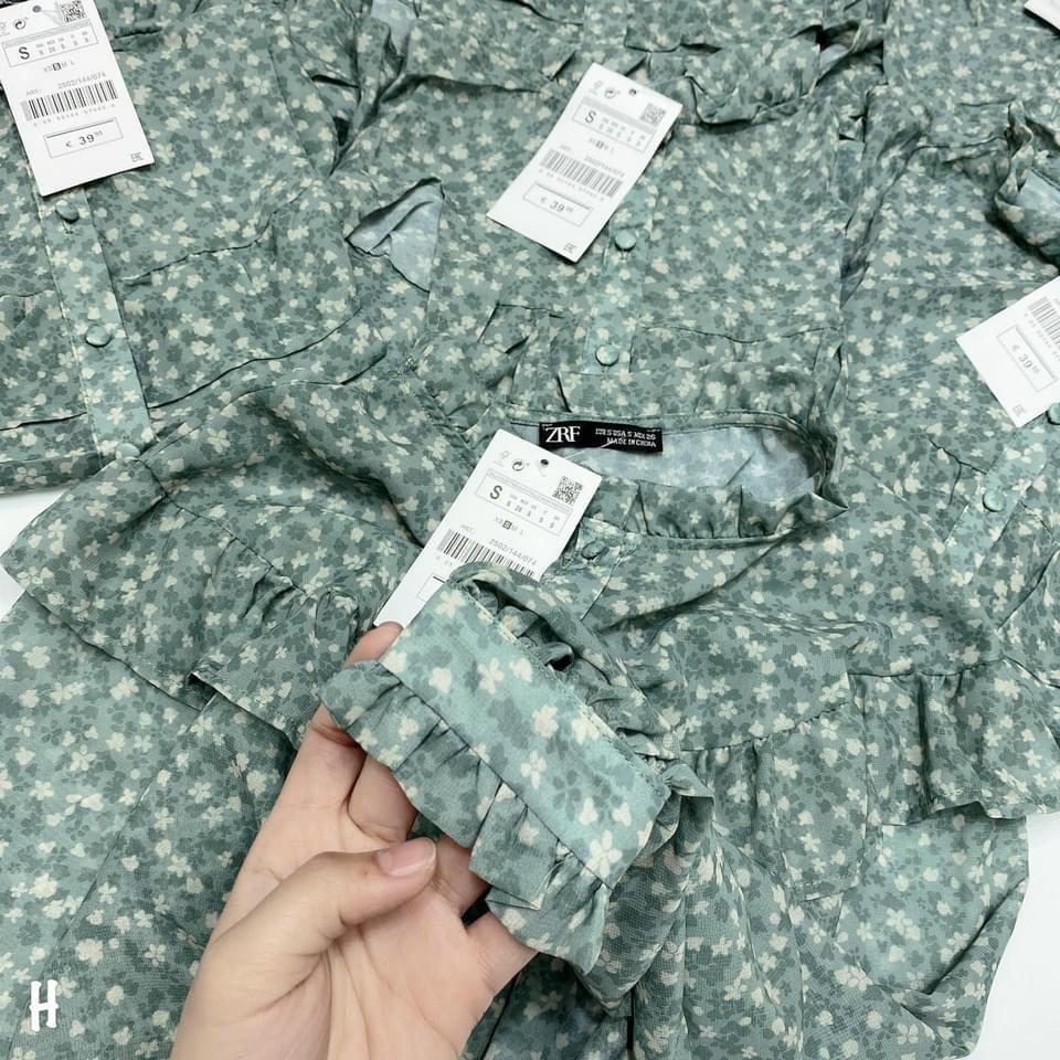 ÁO SƠ MI HOA XANH BÈO VAI KHUY BỌC - DRA0031
