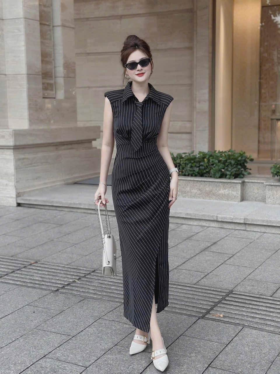 ĐẦM BODY VẠT CHÉO CỔ SƠ MI KÈM CÀ VẠT 2 MÀU Y HÌNH