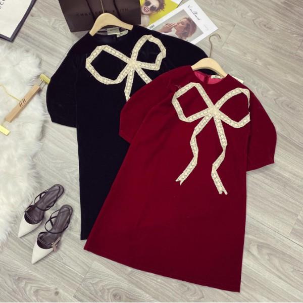 Đầm suông nhung cổ tròn tay ngắn nơ to trước ngực siêu đẹp - VN03