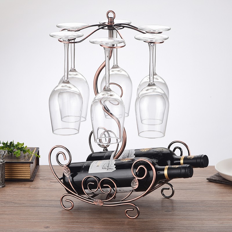 Giá Treo 6 Ly Vang Kèm Kệ Đỡ Chai Phong Cách Châu Âu Màu Đồng Cổ Điển, Kệ Treo decor quý tộc - Hàng Chính Hãng