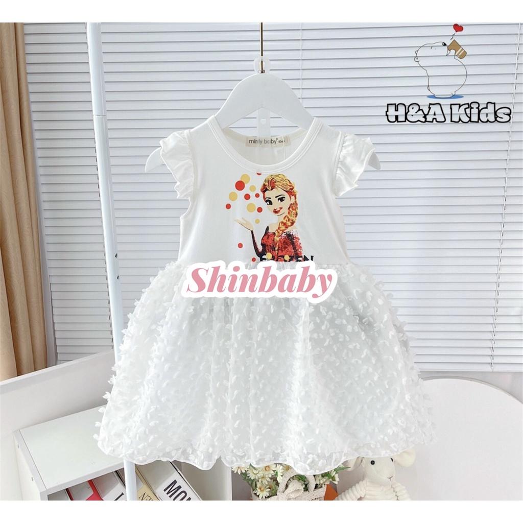 Đầm váy cánh tiên in hình công chúa Elsa, áo thun cotton váy lưới đính bông siêu xinh