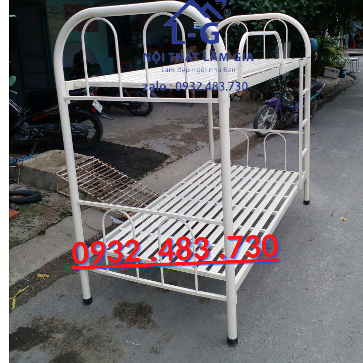 Giường Sắt 2 Tầng khung tròn rộng 1m2x1m2 màu kem sữa