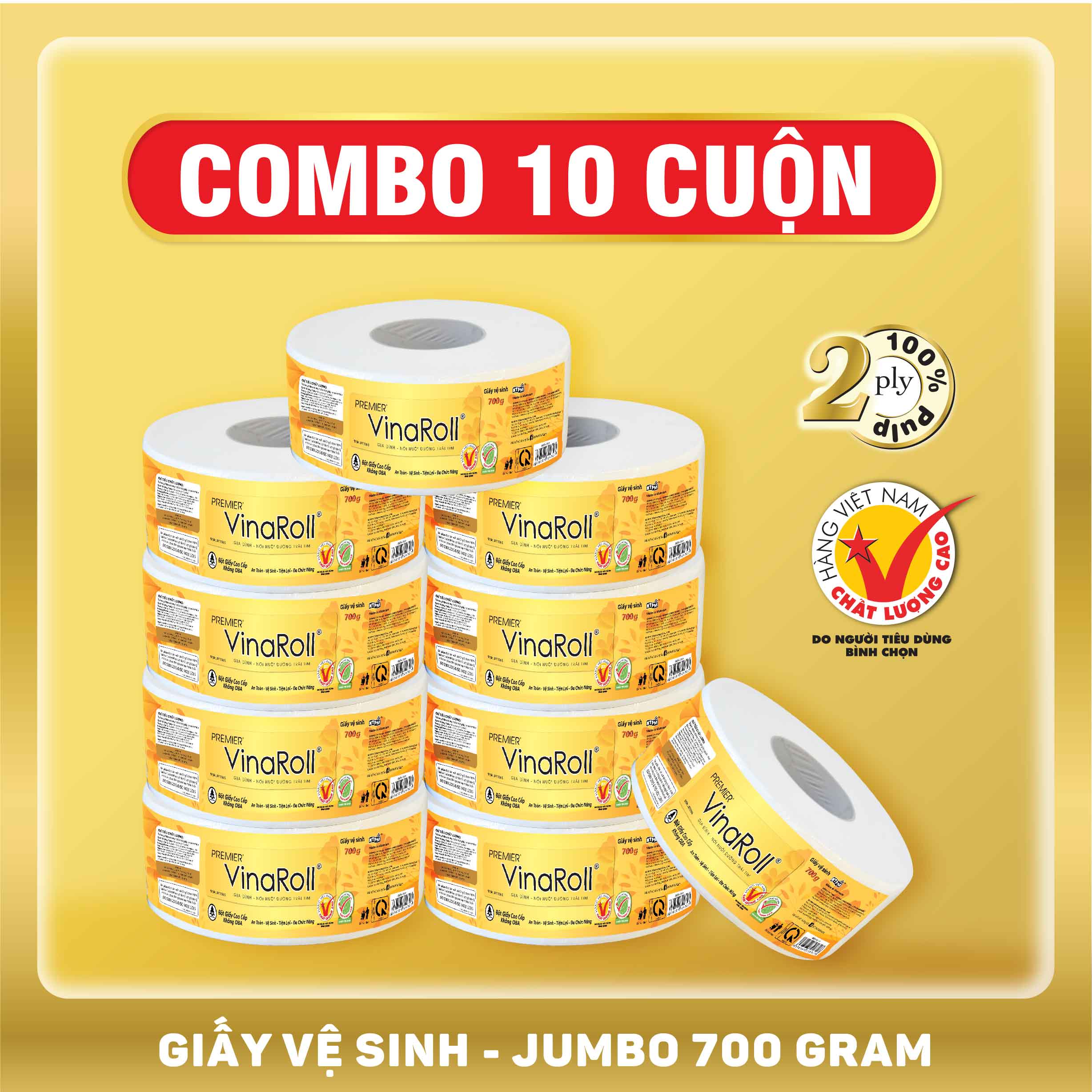 Giấy vệ sinh PREMIER VinaRoll Jumbo 700G - combo 10 cuộn (Giấy vệ sinh cuộn lớn)