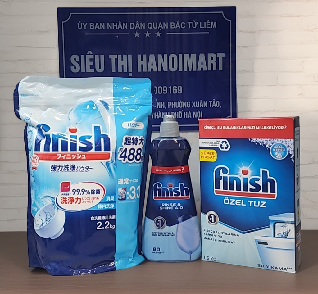 Combo bột rửa bát Finish 2:5 kg + Muối rửa chén Finish 1,2kg +chai nước làm bóng Finish