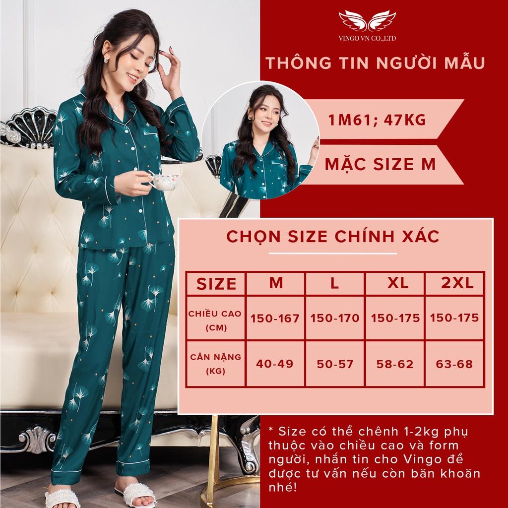 Đồ Bộ Ngủ Nữ Pijama Mặc Nhà VINGO Lụa Pháp Cao Cấp Tay Dài Quần Dài Họa Tiết Lá Ngân Hạnh Sang Chảnh H592 VNGO