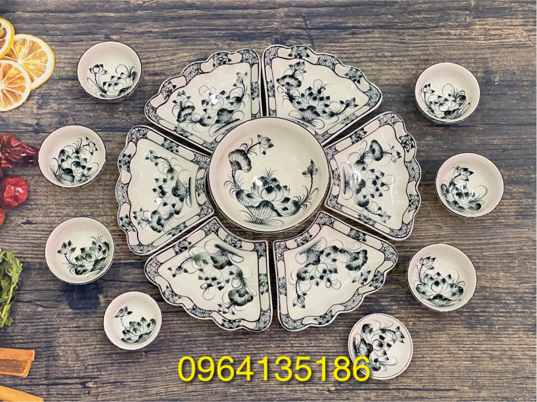Bộ đĩa hoa mặt trời sen đen kẻ hoa tranh 55cm gốm sứ Bát Tràng