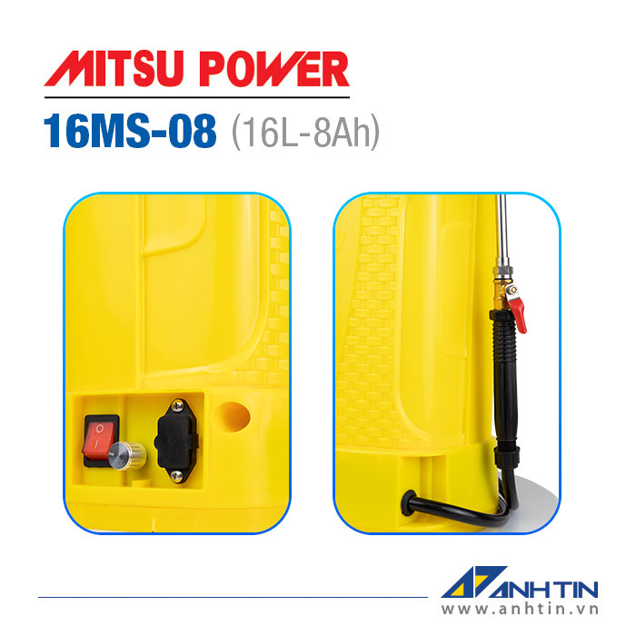 Bình xịt điện tưới cây Mitsu Power 16MS-08 | Bình phun thuốc trừ sâu 16 lít | 12V-8AH