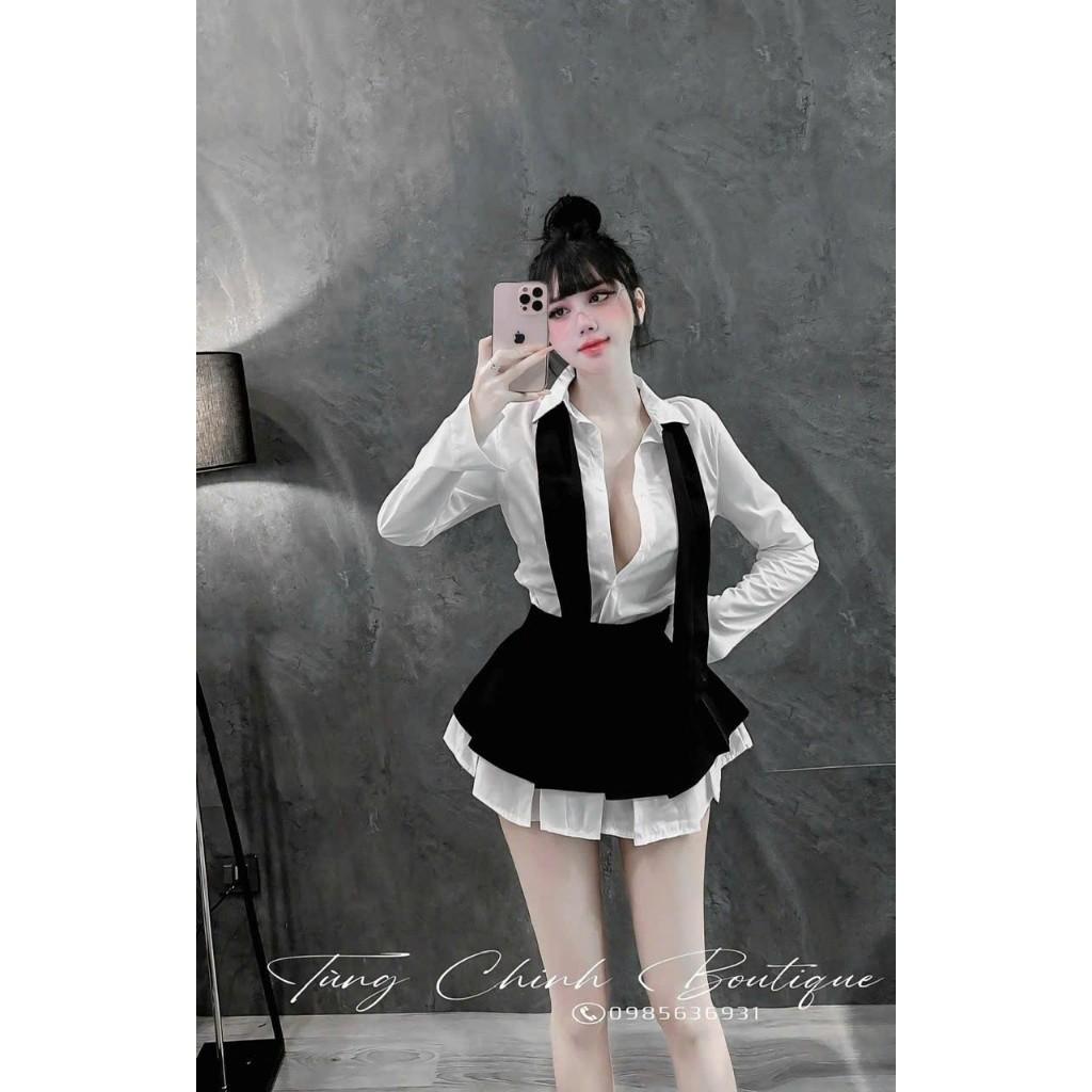Sét sơ mi dài tay mix chân váy ly phối tặng cà vạt   QA BY JOLIE - kẻ đen, kẻ đen