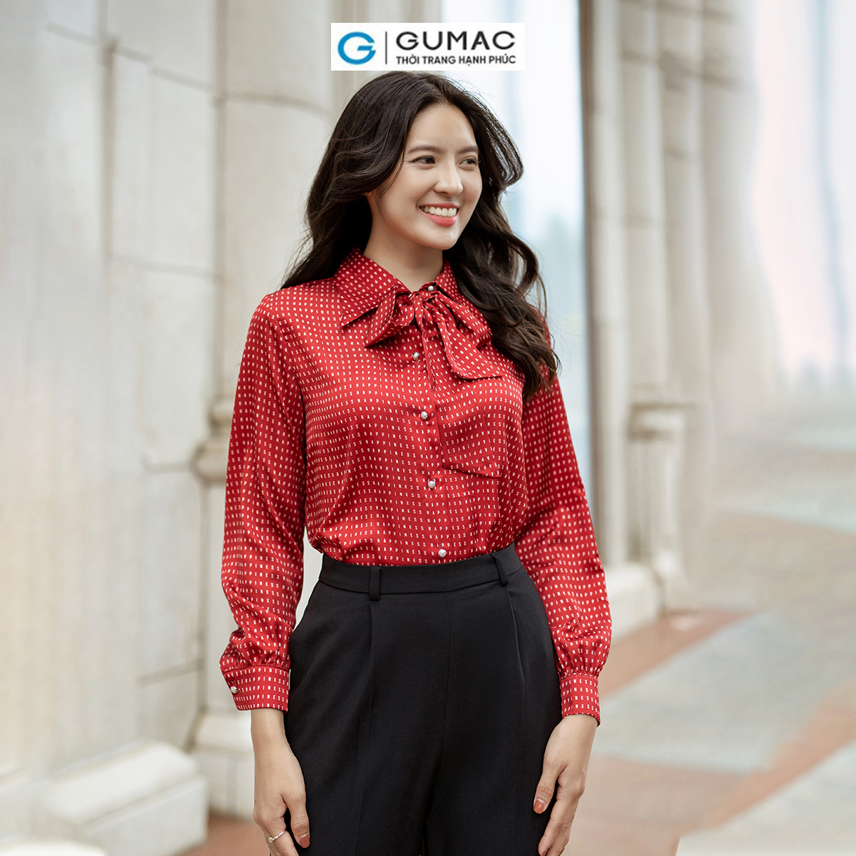 Set lẻ Áo kiểu buộc nơ thời trang GUMAC AD06007 - Chân váy xếp ly họa tiết VD06054