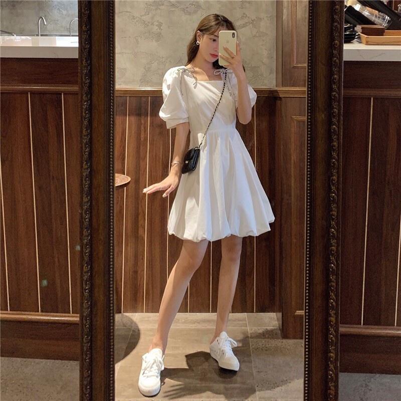 Đầm Nữ Vai Nơ Cổ Vuông Váy Nữ Cộc Tay Dáng Xòe