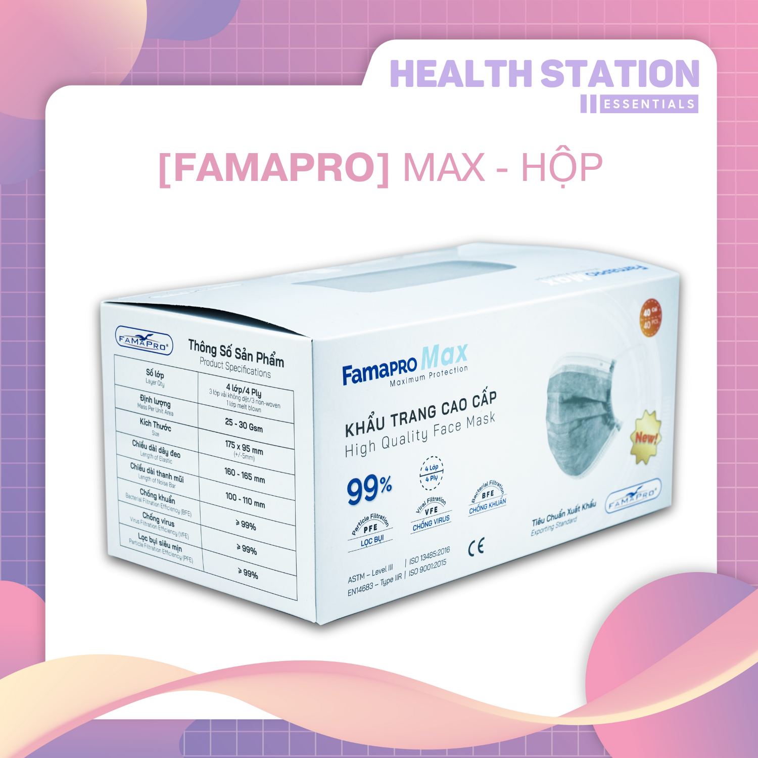 [FAMAPRO MAX - 40 CÁI/ HỘP] Khẩu trang y tế kháng khuẩn 4 lớp Famapro MAX. COMBO 2, 4