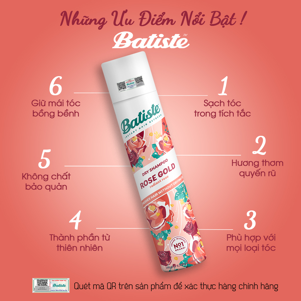 Dầu Gội Khô Batiste Hương Hoa Hồng - Batiste Dry Shampoo Rose Gold Radiant Rose 200ml