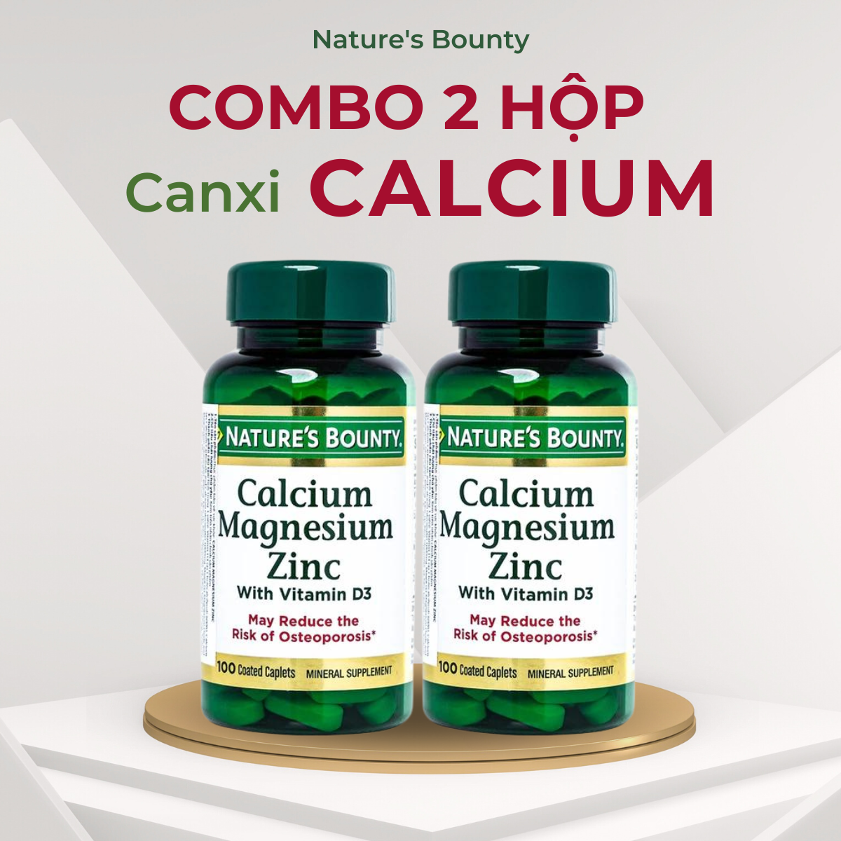 Combo 2 chai Thực Phẩm Chức Năng Viên Uống Bổ Sung  Magie, Kẽm Nature’s Bounty Calcium Magnesium Zinc (100 Viên)