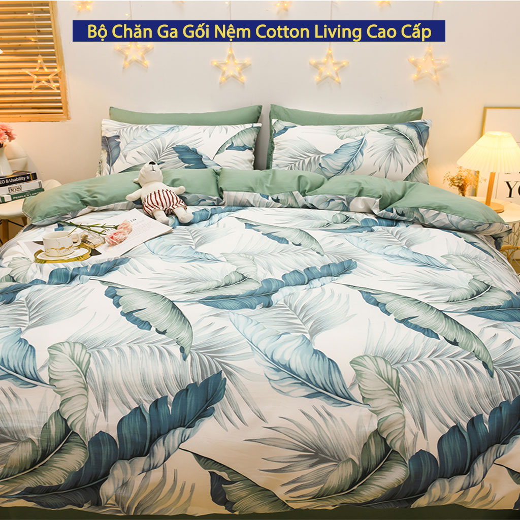 Bộ Chăn Ga Gối Nệm Đệm 5 Món Cotton Living ANNA NGUYÊN Cao Cấp Chuẩn Khách Sạn 5 Sao Chăn Drap Ra Ga Gối Nệm Trải Giường 5 Món Xuất Nhật Cao Cấp