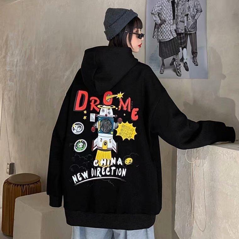 Áo hoodie tay dài dáng rộng in hình tên lửa gồm 3 màu sắc