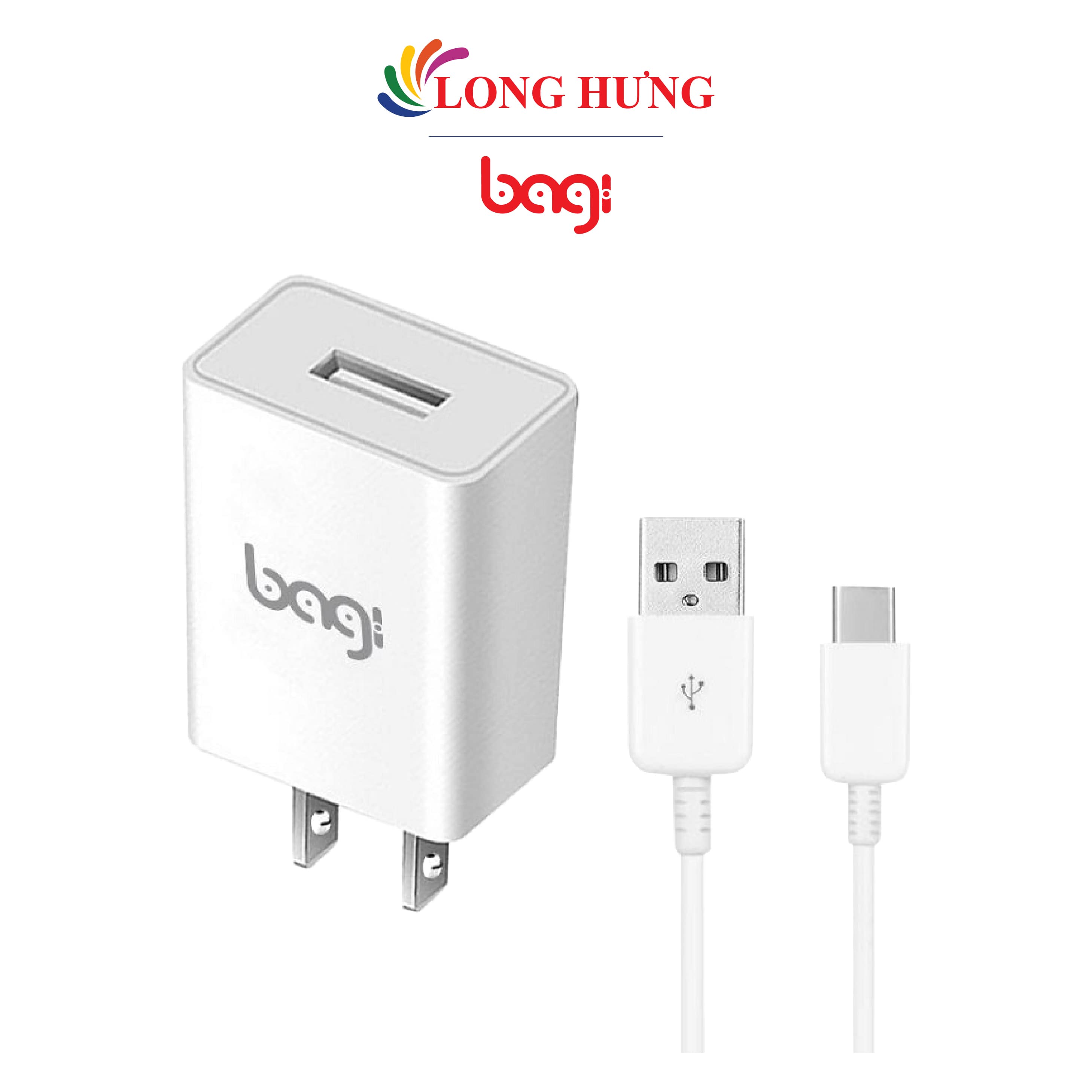 Combo cốc sạc Bagi 2A 1USB + Cáp USB Type-C 2.0 1.2m CB-C52n - Hàng chính hãng