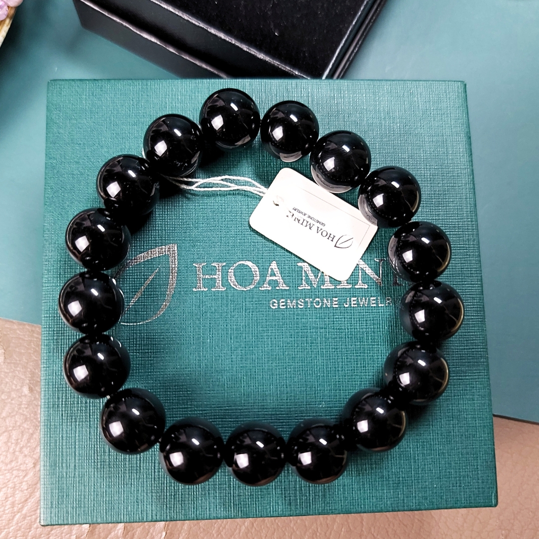 Vòng tay phong thủy đá Mã Não đen onyx size 12 li hợp phong thủy mệnh Thủy, Mộc