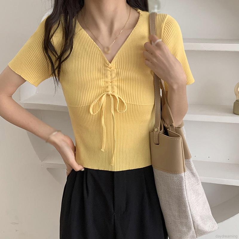 Áo Thun Tay Ngắn Cổ Chữ V Màu Trơn Thiết Kế Đơn Giản Thời Trang Dành Cho Nữ