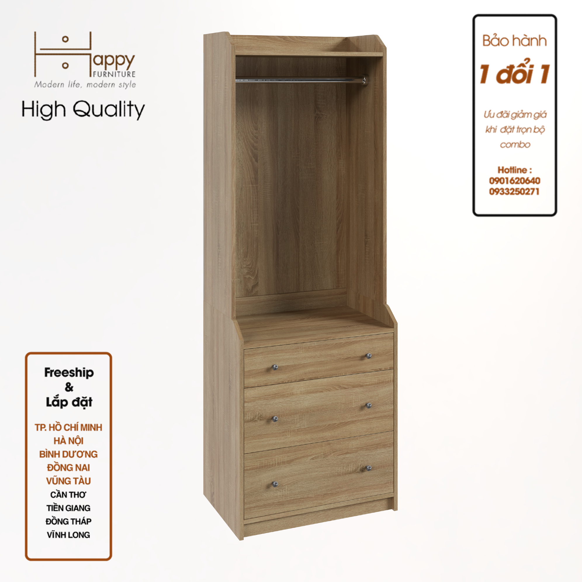 [Happy Home Furniture] CANA,  Tủ treo quần áo - 3 ngăn kéo,  70cm x 46cm x 199cm ( DxRxC), THK_012