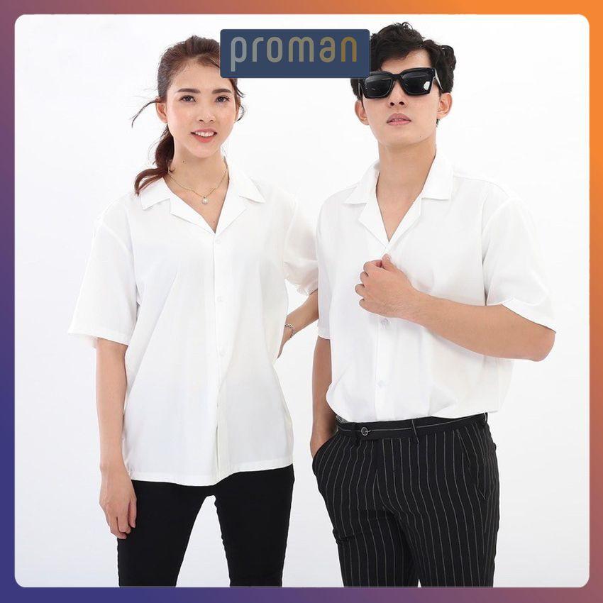 Áo Sơ Mi Trắng Đen Ngắn Tay Cổ Vest/ Đức Vải Lụa Đũi Nam Nữ Unisex - PROMAN