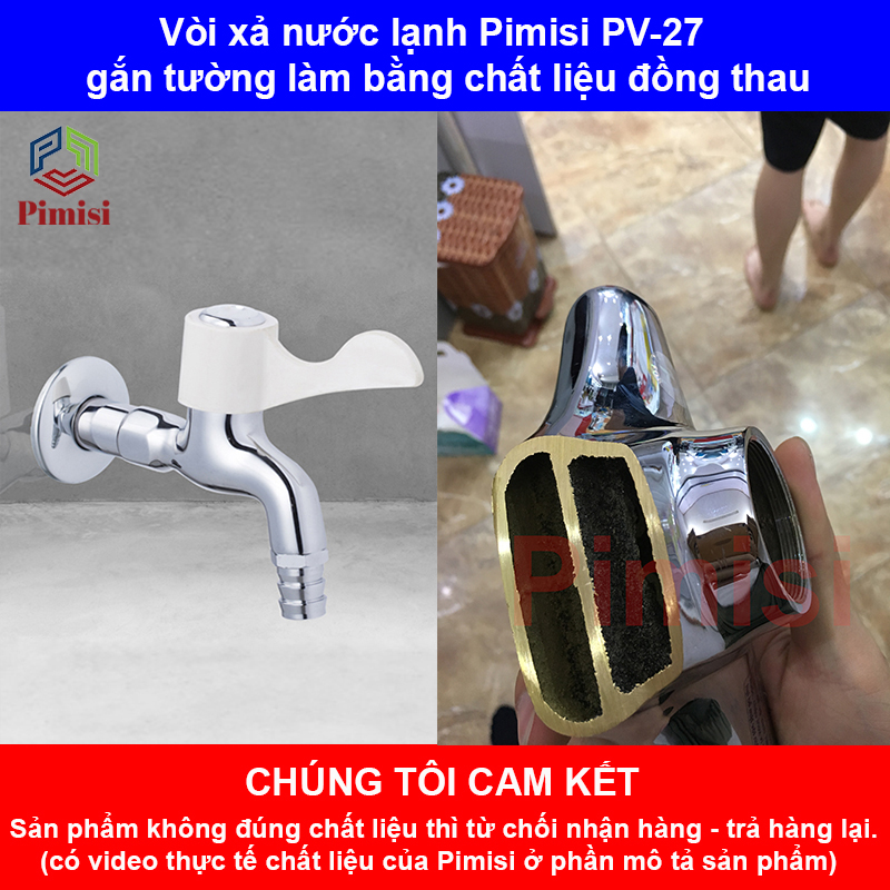 Vòi xả nước lạnh gắn tường Pimisi bằng đồng thau mạ crom - niken sáng bóng cao cấp dùng làm vòi hồ nước lạnh rửa tay chân, lấy nước máy giặt hoặc xả rửa sàn ban công tưới cây gạt tay mở 90 độ | Hàng chính hãng