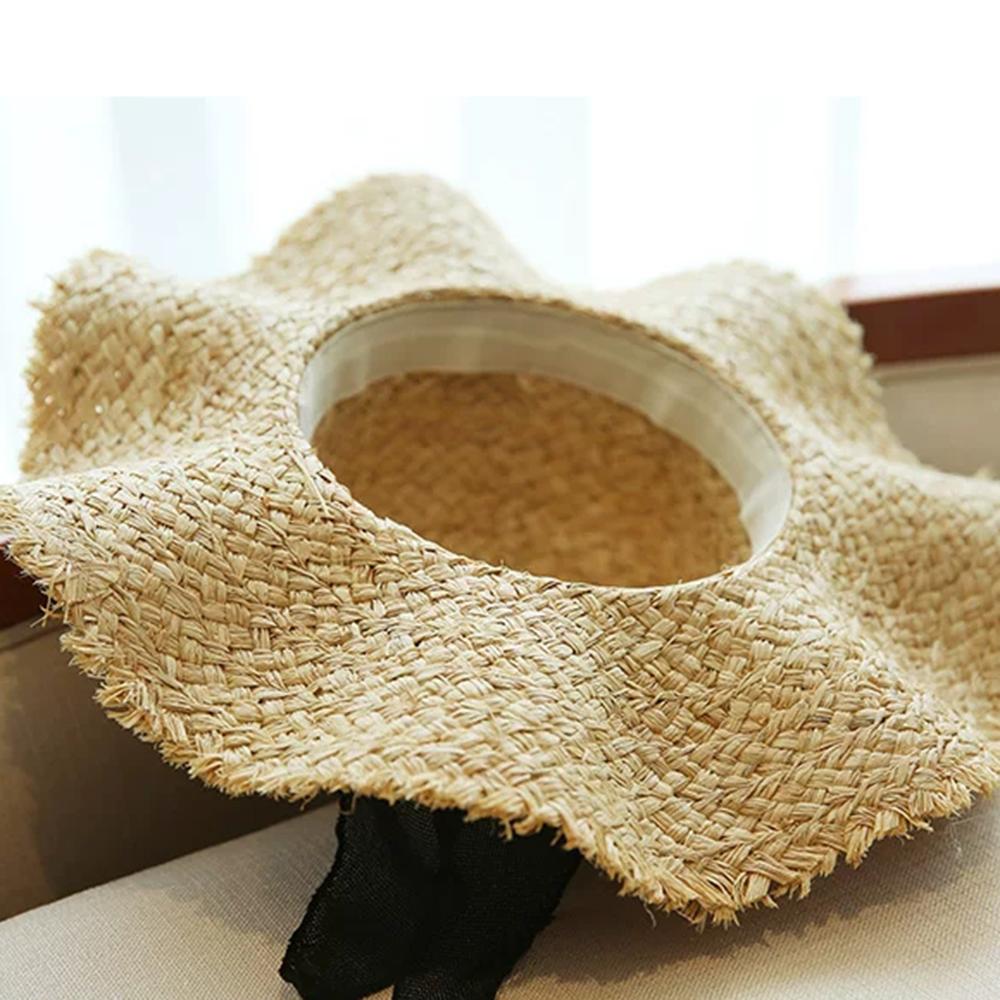 Phụ Nữ Mùa Hè Nón Thắt Nơ Sóng Raffia Băng Mũ Rơm Cho Nữ Chất Lượng Cao Đầu Dẹt Boater Nón Nữ Rộng Vành đi BiểN Nón