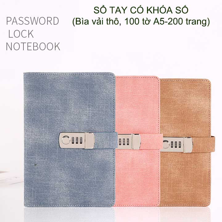 Sổ tay trang bị khóa số khổ A5, 100 tờ, bìa bằng vải thô siêu bền