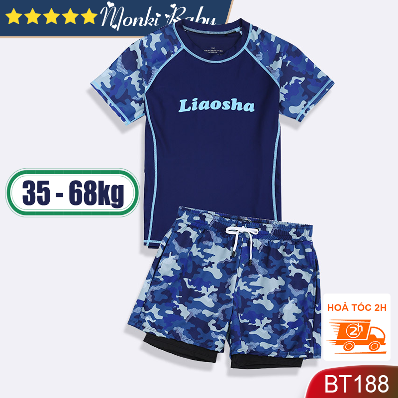 Bộ bơi cỡ lớn cho bé trai mập béo, quần 2 lớp chống lộ rộng rãi có túi để đồ, áo thiết kế riêng thoải mái hơn cho bé big size | BT188