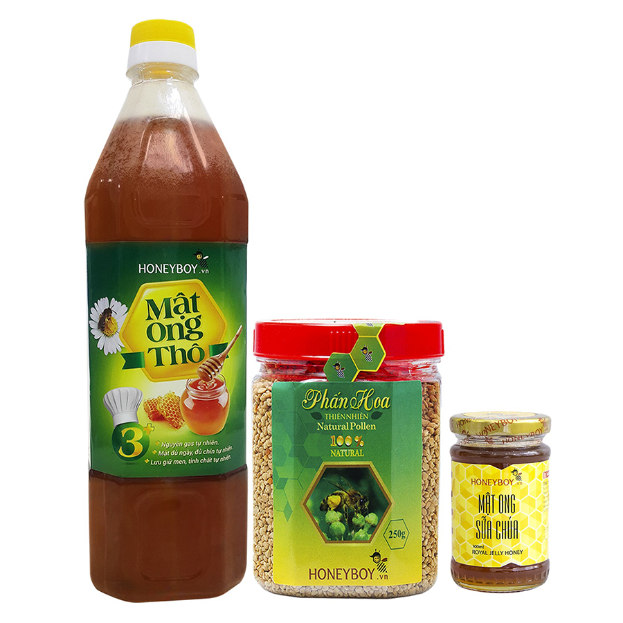 Combo Mật Ong Thô Honeyboy (1L) + Phấn Hoa Thiên Nhiên Honeyboy (250g) - Tặng Mật Ong Sữa Chúa Honeyboy (100ml)