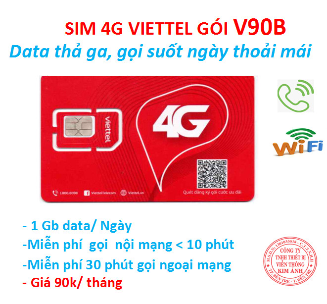 Sim nghe gọi Viettel dùng mãi mãi gói V90B  ưu đãi 1GB/ Ngày + gọi nội mạng dưới 10 phút chỉ 90.000đ, Hàng chính hãng