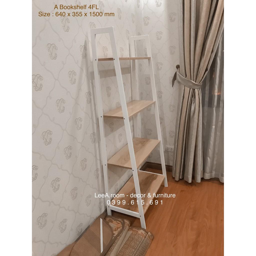 Kệ Gỗ Decor Cao Cấp Hình Thang 4 Tầng - Size L - Màu Gỗ Tự Nhiên Phối Chân Trắng