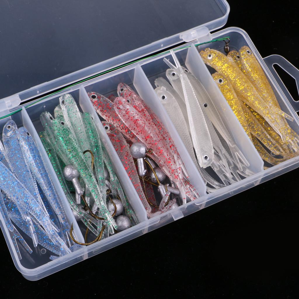 50pcs Soft Plastic Bass Fishing Lure Bait with Jig Head Worm Hooks Lure Box