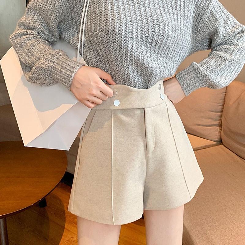 Quần đùi vải len ống rộng kiểu dáng thời trang phong cách Hàn Quốc dành cho nữ