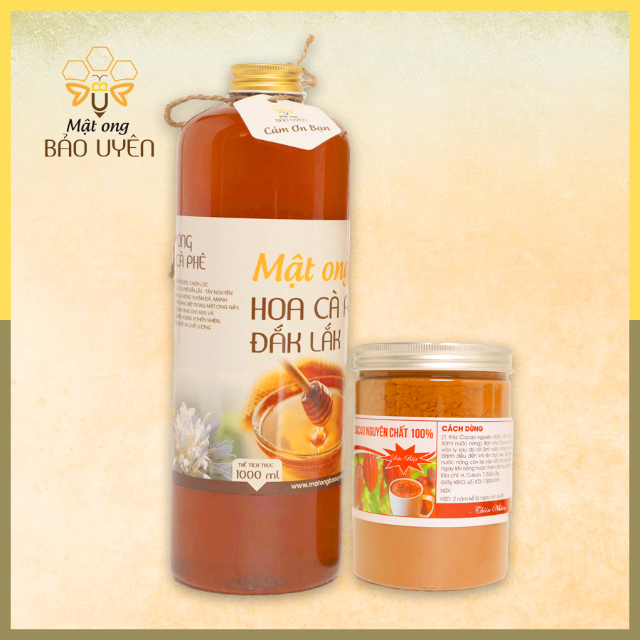 COMBO Mật Ong Nguyên Chất Hoa Cà Phê Bảo Uyên 1 Lít và Bột Ca Cao Dak Lak 350g Giàu Chất Dinh Dưỡng
