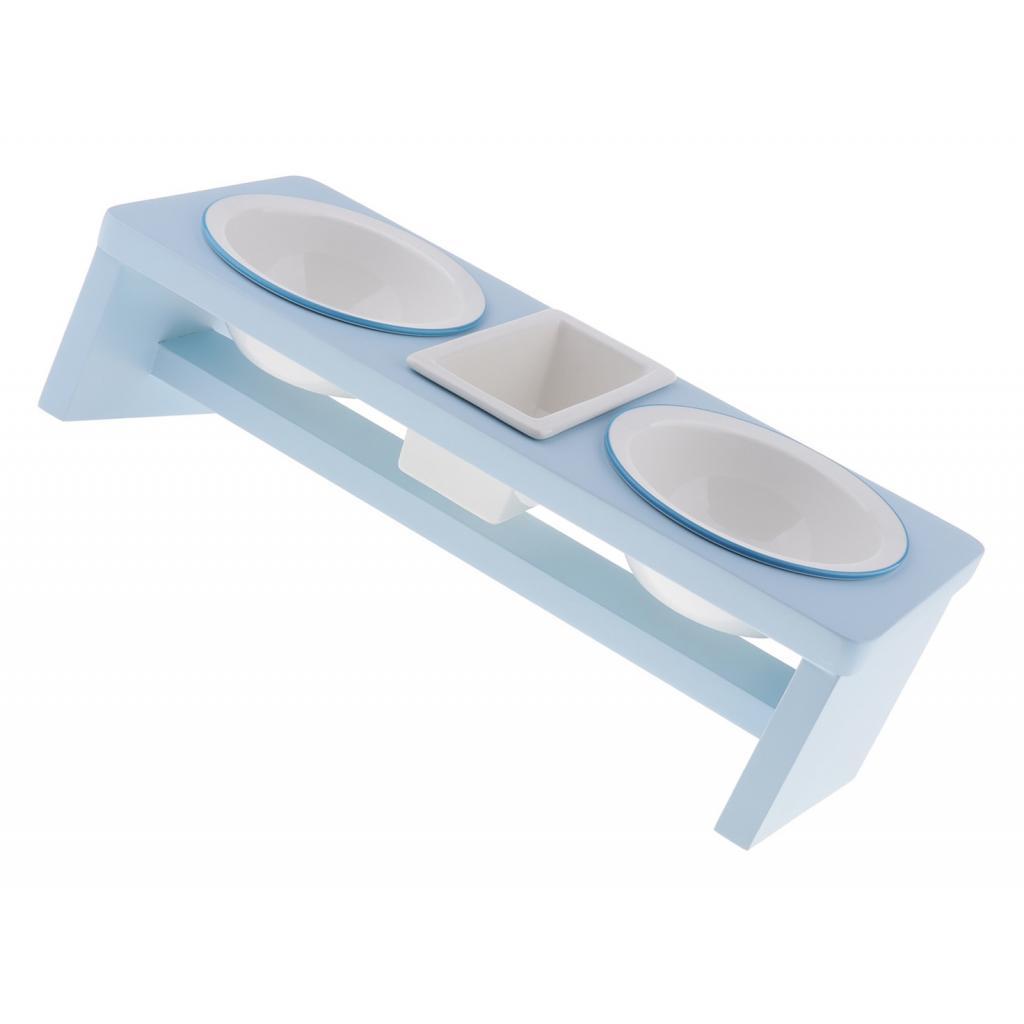Pet Ceramic Food Water Feeding Bowl With Wooden Stand For Cat Dog Sky Blue