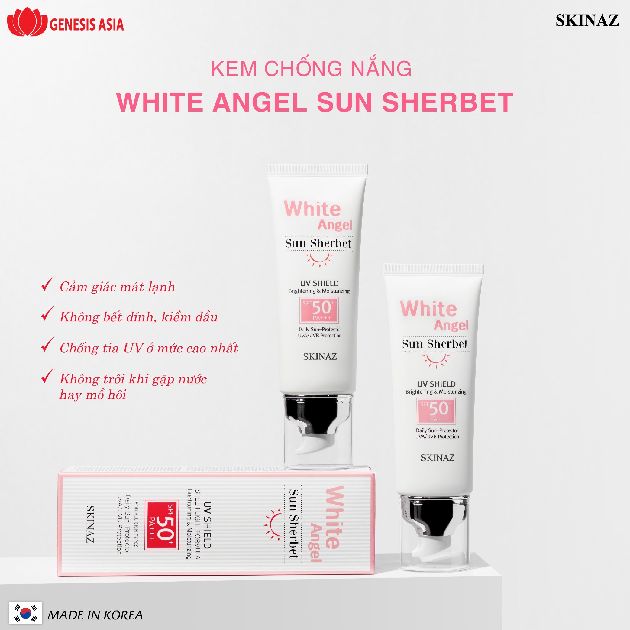 Kem Chống Nắng White Angel Sun Sherbet Skinaz - SPF 50 +, PA +++ Không gây bít tắc lỗ chân lông, tạo cảm giác thoải mái