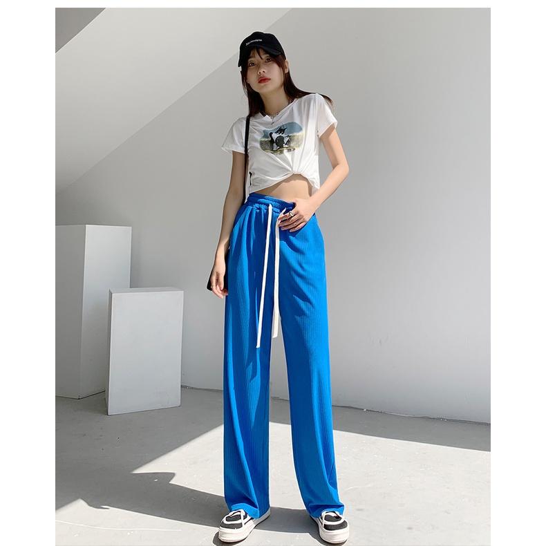 Quần ống rộng thun tăm xuất hàn lưng cao cạp chun dây rút dáng xuông dài Quần culottes ống suông co dãn vải mềm mát lạnh