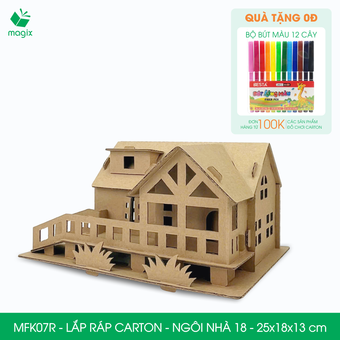 MFK07R - 25x18x13 cm - Mô hình ngôi nhà lắp ráp từ bìa carton cao cấp, nhà giấy carton mini sáng tạo