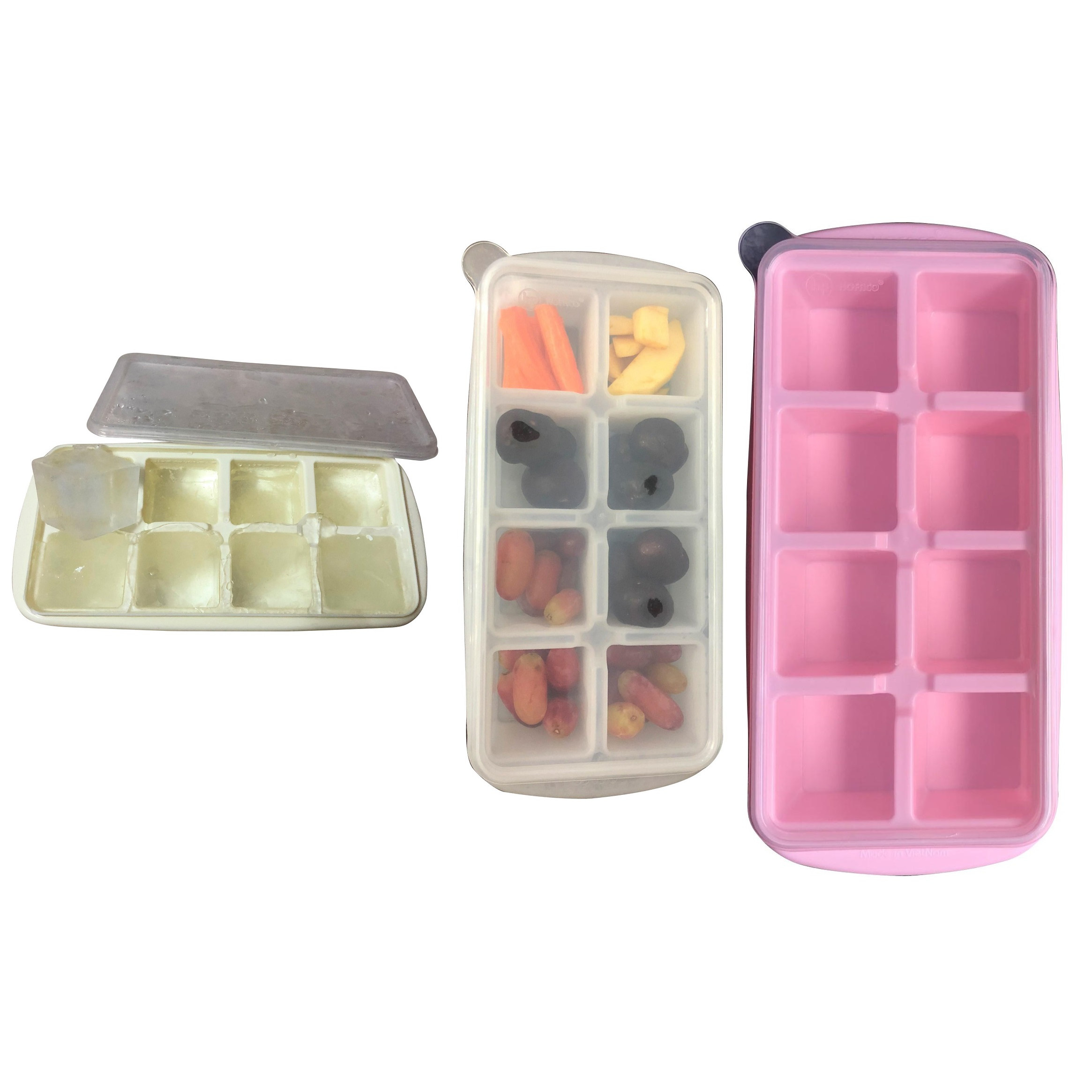 Combo 3 Khay Đựng Thức Ăn Dặm, Trái Cây, Làm Đá 8 Viên Có Nắp Đậy Tiện Ích