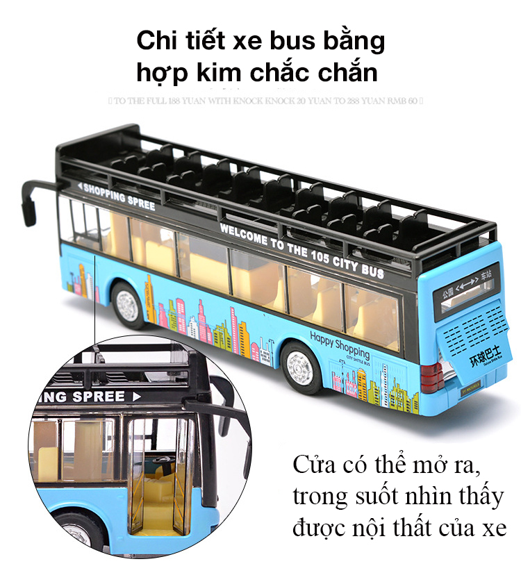 Đồ chơi mô hình xe bus 2 tầng mui trần KAVY có nhạc và đèn chạy cót bằng kim loại bền bỉ, xe thăm quan du lịch thành phố