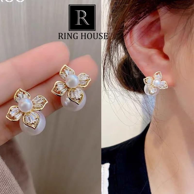 Khuyên tai bông tai nữ hoa bốn cánh hạt trai đẹp Ring House